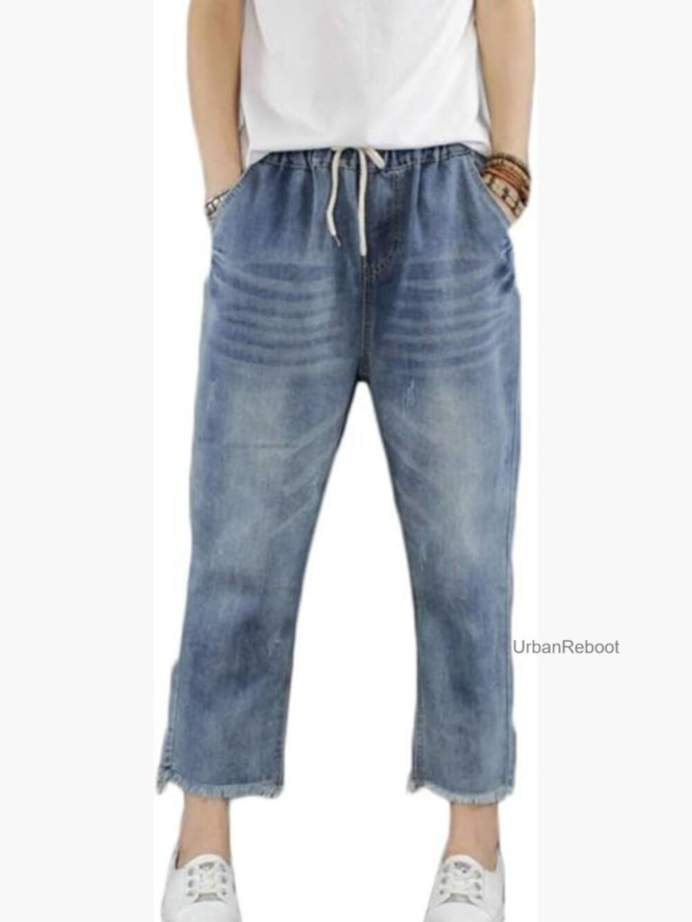 Elastic Waist Cropped Baggy Jeans with Pockets Drawstring Stretch Denim